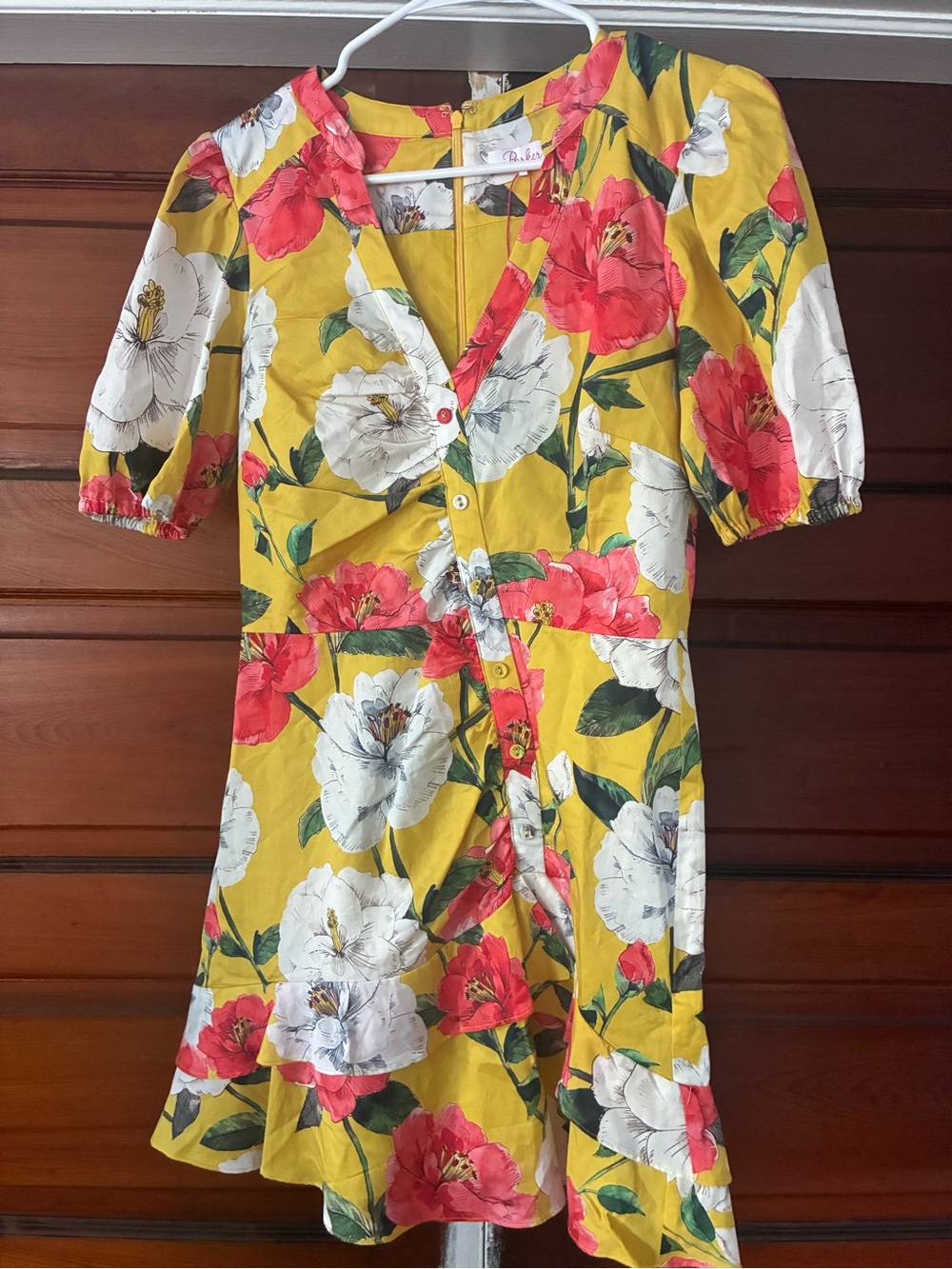Parker Yellow Dress with Red and White Floral Print - Size 4